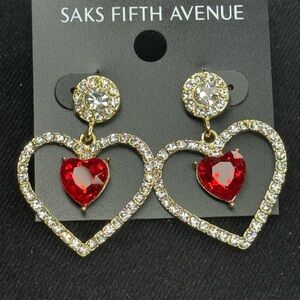 Saks Fifth Avenue Red and Gold Double Heart Earrings 1.5 inch